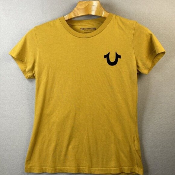 True Religion Womens T-Shirt Size M Black Logo Crew Neck‎ Cotton Tee Stamp Slim - Picture 1 of 12